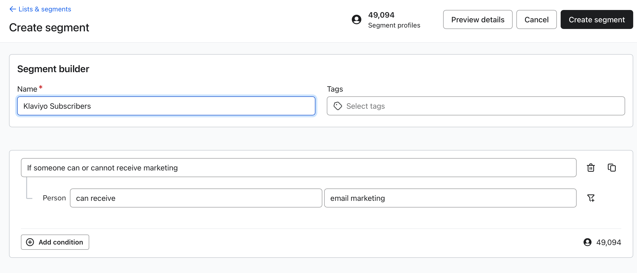 Creating a new subscribers segment in Klaviyo